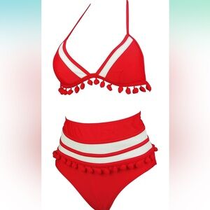 Red high waist and tie top pompom bikini